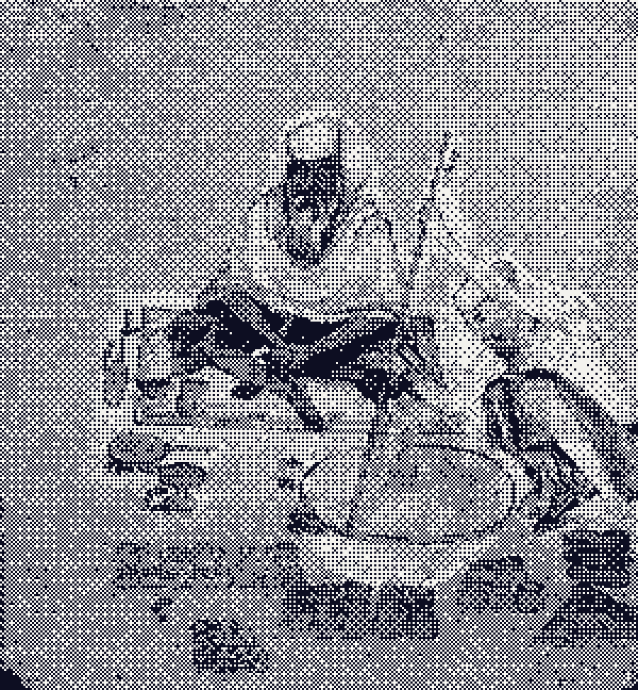 An old potter sits on a mat while his son stirs clay in a large basin beside him, finished pots around them.