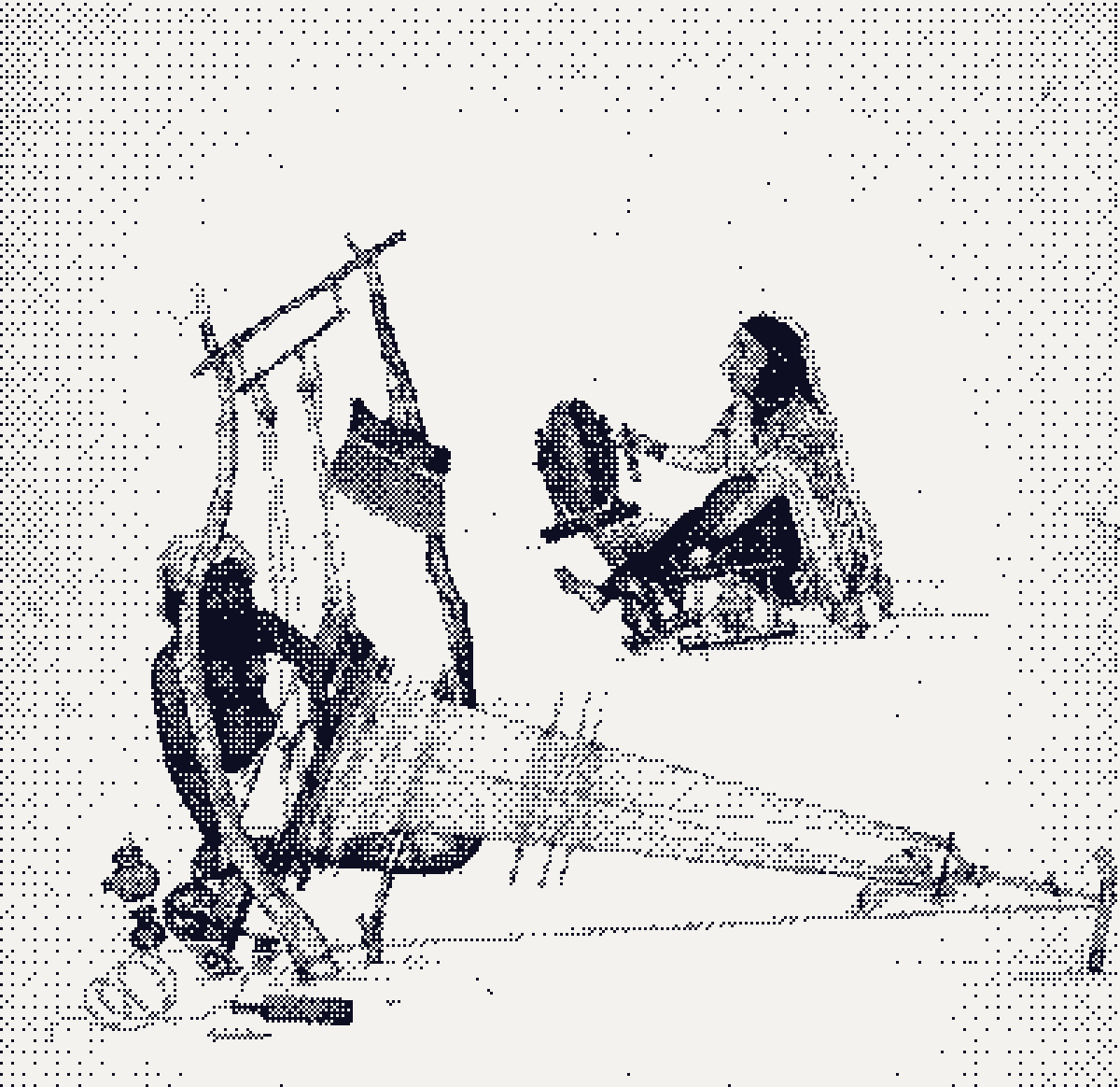 A weaver works at a long loom while a woman spins thread at a spinning wheel behind him.