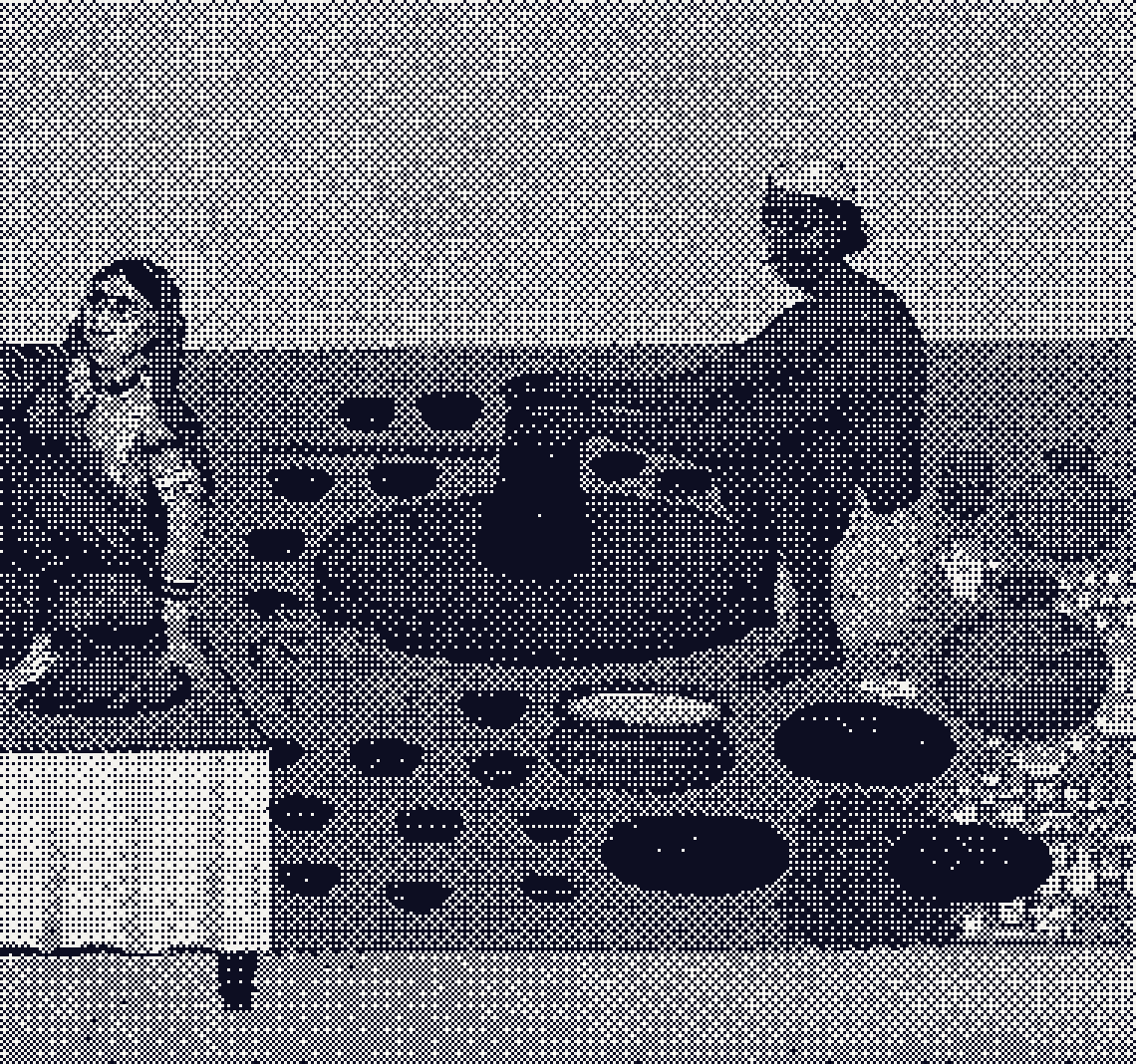 A woman sells from her stall while a potter shapes clay on his wheel beside rows of finished pots.